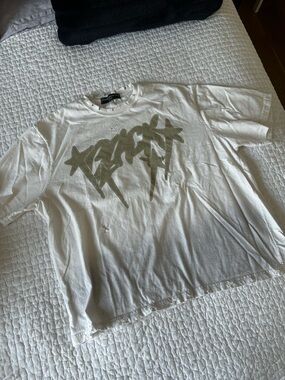 White Short Sleeve Graphic Tee with Olive Script Logo